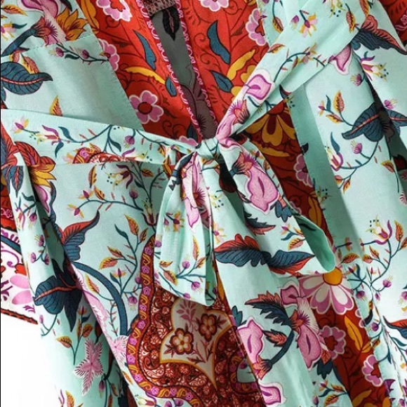 Colorful Red Mint Peacock Floral Bohemian Boho Duster Wrap Kimono Coverup Robe - Picture 10 of 11